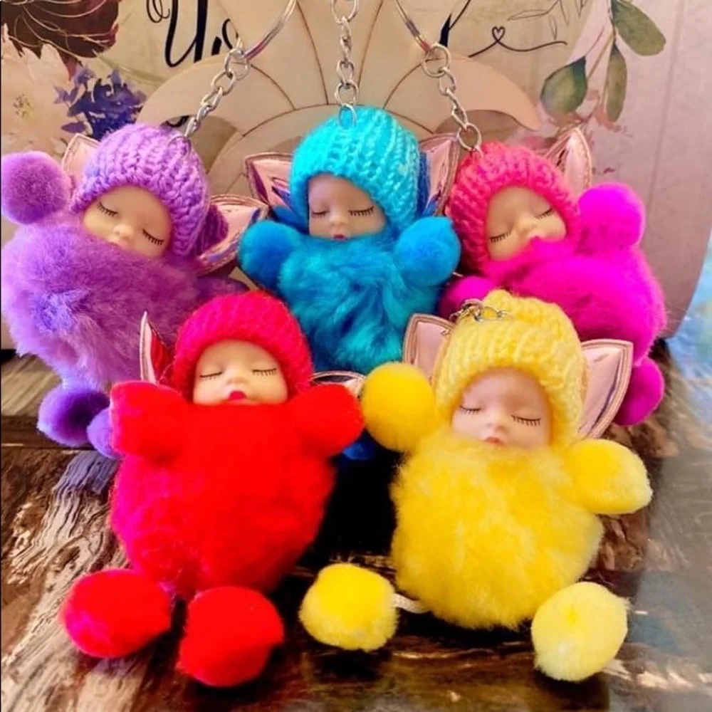 SLEEPY BABY WITH FAIRY WINGS SMALL POMPON IN RED  KEYCHAIN‎ CHARM
